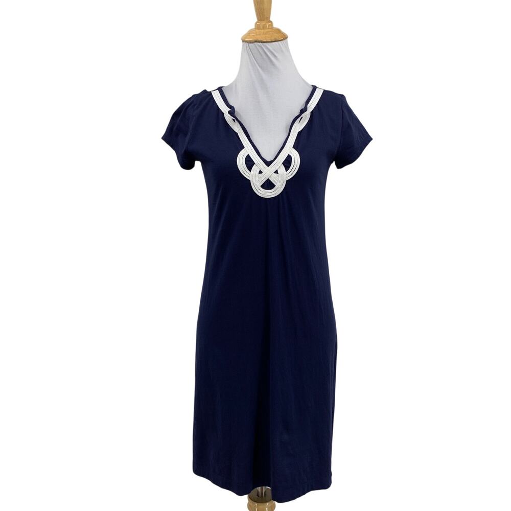 Lilly Pulitzer Tee Dress Womens XS Prussian Brewster Nautical Knot Trim V Neck